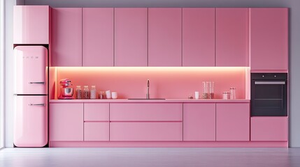 Wall Mural - Modern pink kitchen with pink cabinetry, a pink backsplash, and sleek pink appliances.