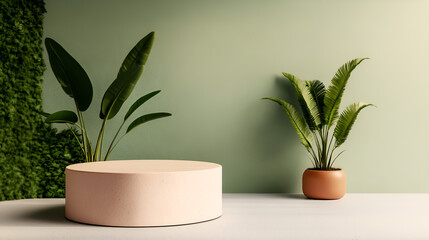 Wall Mural - Minimalist Product Display with Green Foliage and White Platform