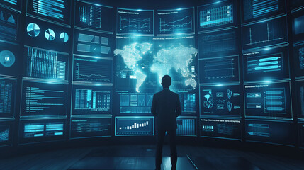 Poster - a futuristic AI robot working with business data statistics, business growth or audit data analysis through artificial intelligence technology 