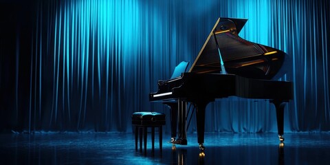 a stunning grand piano elegantly positioned on stage, illuminated by soft blue lighting, creating a 