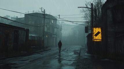 Wall Mural - A solitary figure traverses a rain-soaked street, embodying a sense of isolation amid a captivating, melancholic backdrop