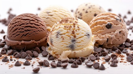 Ice cream scoops ball chocolate vanilla chocolate chip coffee milk based dessert isolated background