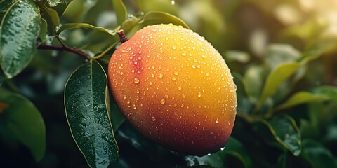 Canvas Print - Mango on Tree with Water Droplets