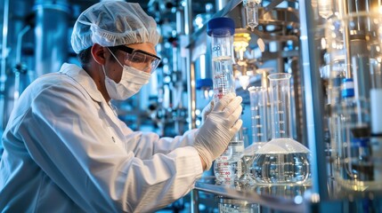 Wall Mural - Lab technician monitors bioreactor vessels in pharmaceutical production showcasing biotech aspect. Concept Pharmaceutical Production, Bioreactor Monitoring, Lab Technician, Biotech