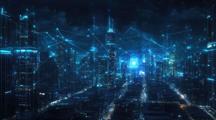 A futuristic cityscape illuminated by glowing lines, representing technology and connectivity.