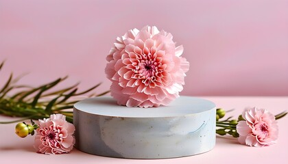 Elegant pink podium display for beauty products featuring natural flowers and minimalistic design elements