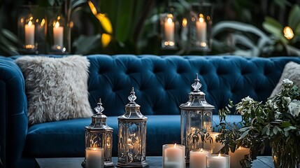 Wall Mural - Australian lounge with blue upholstery, crystal lanterns, and evening candlelight.