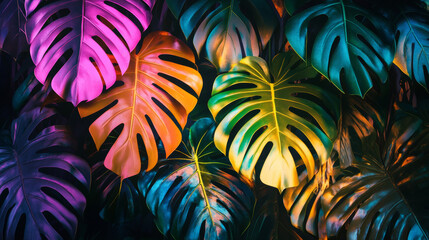 A bright, colorful sign with palm leaves, like a tropical paradise. It glows with the shape of monstera leaves, a beautiful and exotic plant.