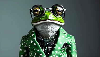 Stylish Monochrome Portrait of a Frog Character in a Green Polka Dot Suit for Fashion-forward Social Media Aesthetic