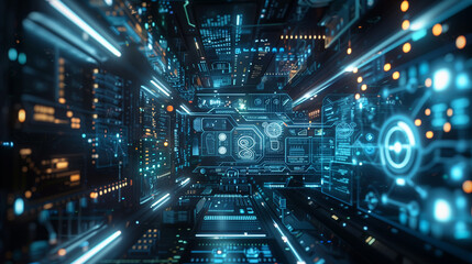 Poster - futuristic artificial intelligence based digital business data statistics management technology visualization through virtual display of icons or layers of virtual data layouts