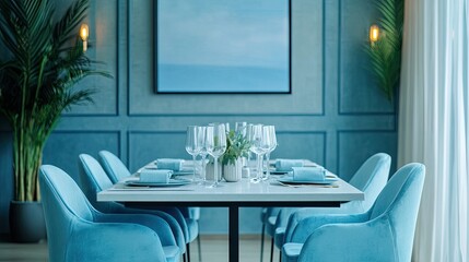 Wall Mural - Stylish light blue dining room with light blue chairs, table settings, and minimalist decor accents.