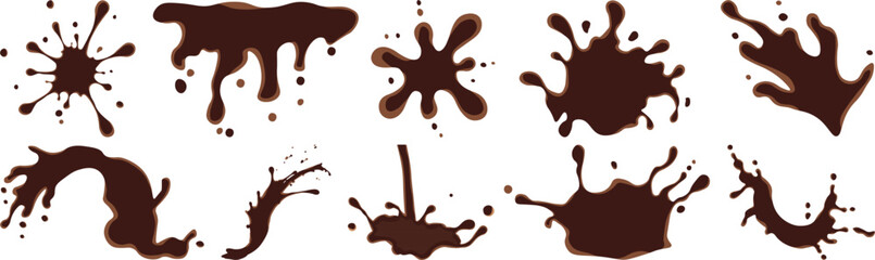 Collection of chocolate splatter and splash vector illustrations, ideal for food design, packaging, backgrounds, and creative projects. Realistic and artistic chocolate splash vector set.