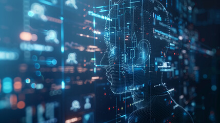 Poster - 
futuristic artificial intelligence based digital human resource management technology visualization through augmented reality display of icons or layers of virtual data 