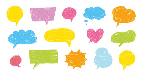 Poster - Crayon talk speech balloon frame doodle vector. Hand drawn crayon doodle speech cloud bubble set. Chalk texture sketch text talk cloud balloon frame background. Vector illustration.