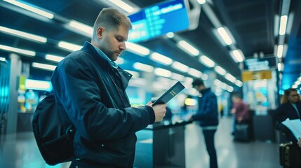 Border control officer scanning passport with electronic reader at airport security checkpoint. Traveler waiting nervously. Modern terminal interior showcases high-tech security procedures and interna