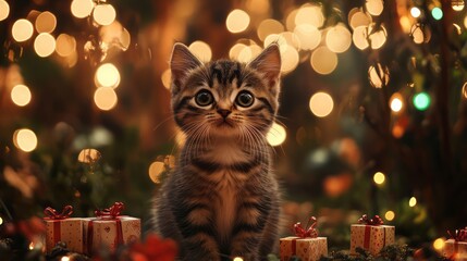 The kitten held a happy birthday party, there were colorful lights hanging in the woods, and many gift boxes hung on the trees