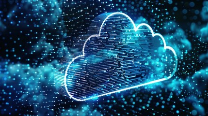 Poster - cloud computing, digital technology, data storage, cyber security A glowing cloud symbol surrounded by glowing data streams in shades of blue, representing innovative technology and information exch