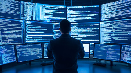 Wall Mural - Cybersecurity Expert Analyzing Code on Multiple Monitors for Secure Network and Data Protection