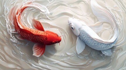 Two koi fish are swimming in a circular motion, with their long ornate fins and tails elegantly detailed. One fish is red, and the other is white in the water