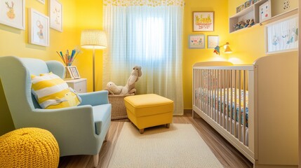 Wall Mural - Vibrant yellow nursery with yellow walls, furniture, and playful decor accents for a fun space.