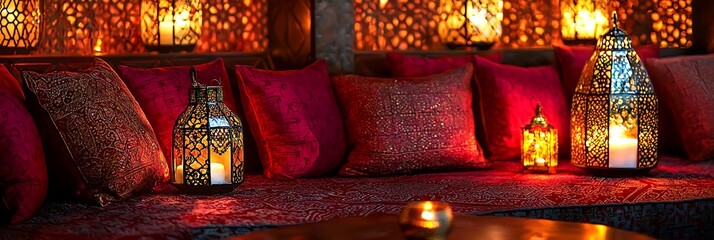 Wall Mural - Moroccan lounge in hotel setting with ruby textiles and warm mosaic glass lanterns.