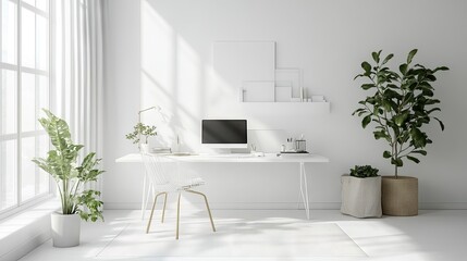 Wall Mural - White office space with clean white walls, a white desk, and minimal clutter for a refreshing work environment.