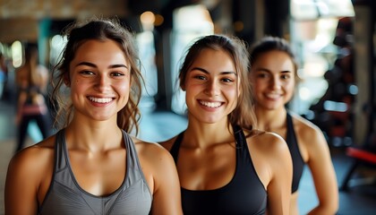 Joyful young women showcasing camaraderie and strength in a vibrant fitness studio