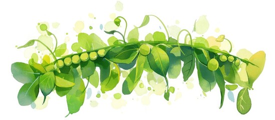 Fresh green pea leaves painted on a white background