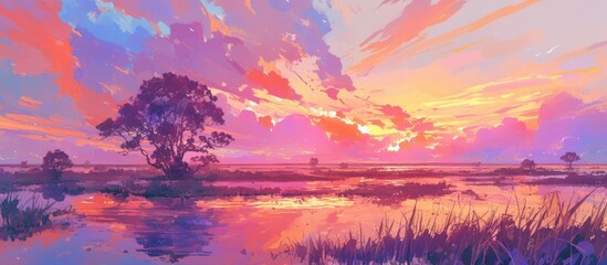 Wall Mural - Sunset painting featuring a vibrant pink sky above wetlands with reflections shimmering in the water