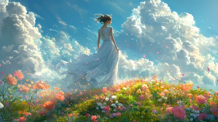 A young woman in an ethereal dress stands among vibrant flowers under a dreamy sky.