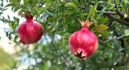 Two ripe red pomegranates hanging from a lush green tree.