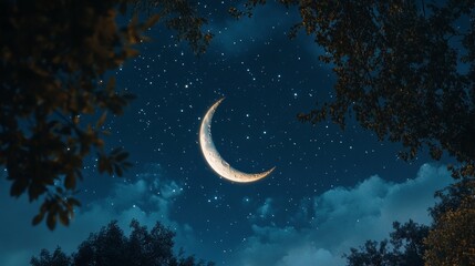 Aufkleber - Mystical Night Sky with Crescent Moon and Twinkling Stars