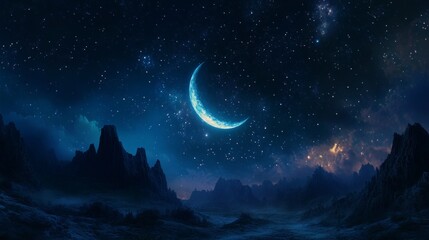Aufkleber - Mystical Night Sky with Crescent Moon and Twinkling Stars
