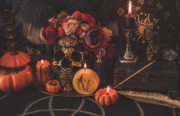 mystical scene with candles. fate prediction. halloween concept, details and décor for home