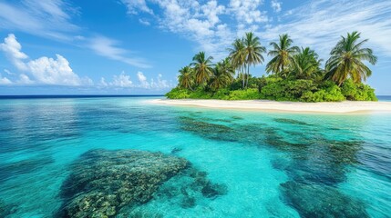 Stunning tropical island with vibrant coral reefs, crystal-clear turquoise waters, and white sandy beaches