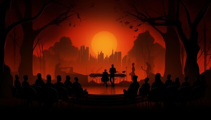 A smoky jazz club with musicians on stage, the audience in silhouette in this moody background illustration