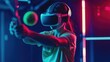 © sujitea - A person participating in a VR sports game, playing virtual tennis or boxing, their movements mimicking real athletic activity.