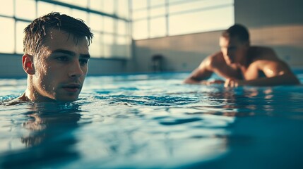 A dedicated swimmer practices drills in the pool while receiving guidance from a coach who focuses on improving their technique during training