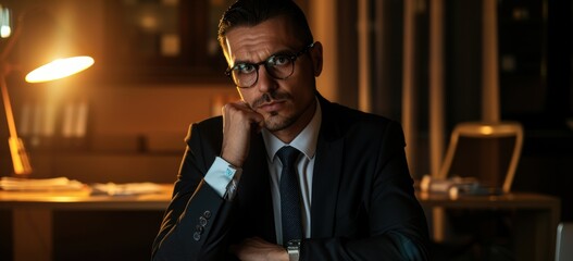 A businessman is deeply engrossed in his work at the office, displaying a thoughtful expression while exuding happiness and professionalism in his posture and positioning.