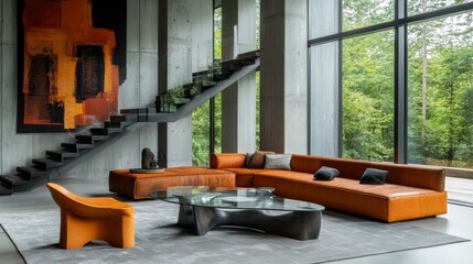 Wall Mural - This modern living area showcases a sleek sectional sofa and glass coffee table, complemented by large concrete columns and an open staircase. Natural light enhances the ambiance