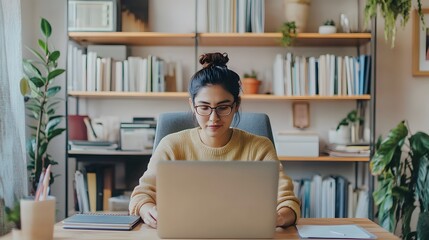 Wall Mural - Woman Using Laptop at a Desk in a Home Office