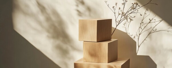 Poster - Minimalist arrangement with wooden cubes and dried flowers, contemporary still life concept