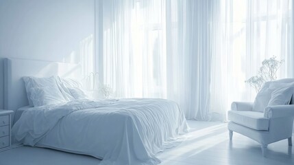 Poster - A spacious modern bedroom is illuminated by natural light streaming through large windows. The room features soft white bedding and contemporary furnishings for a calming effect