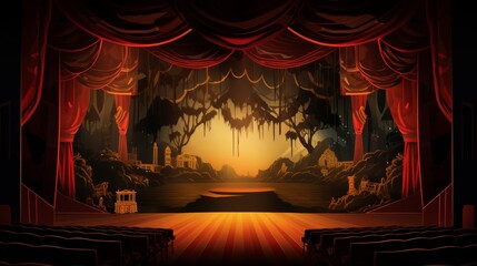 A spotlight on an old vaudeville stage, casting dramatic shadows in this nostalgic illustration