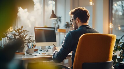 Wall Mural - Man Writing at Desk with Computer and Plants in Modern Office