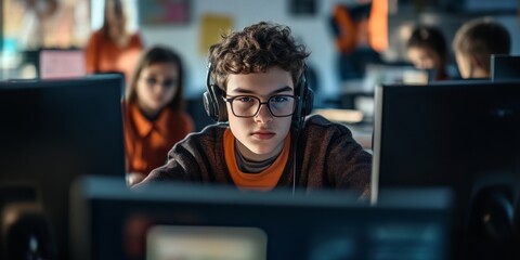 Aufkleber - A focused young boy wearing headphones sits at a computer, immersed in his work. The classroom setting has a modern style. This image captures digital learning and student engagement. AI