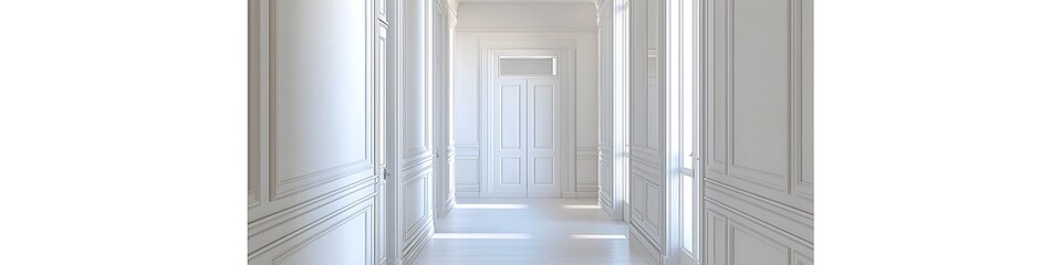 Wall Mural - Simple Ethereal White Hallway, Hidden Doors Design, Bird's Eye Interior View.