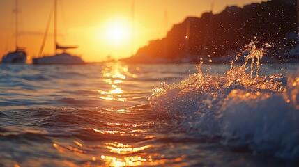 A stunning sunset over the water, with waves splashing and silhouettes of boats against the vibrant sky.