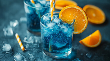 Blue Lagoon mocktail with soda, ice cubes, and fresh orange slices, offering a tangy twist. 