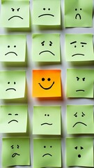 happy face among various negative emotions on sticky notes: a concept representing a positive attitu